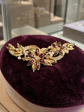 Vintage Avon Gold Tone Floral Brooch Red Rhinestones Faux Pearls Statement Pin